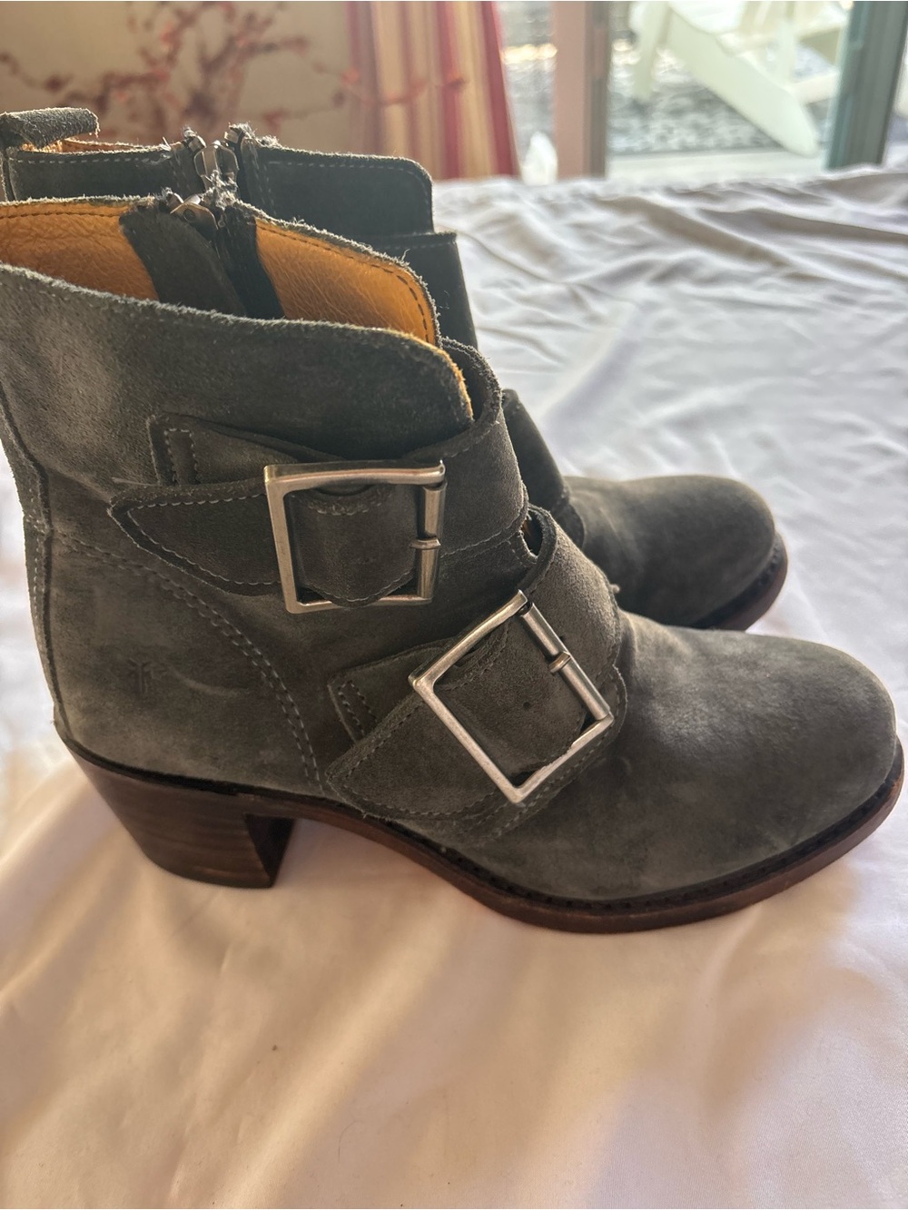 Frye Gray Suede Double-Buckle Ankle Boots Size 7